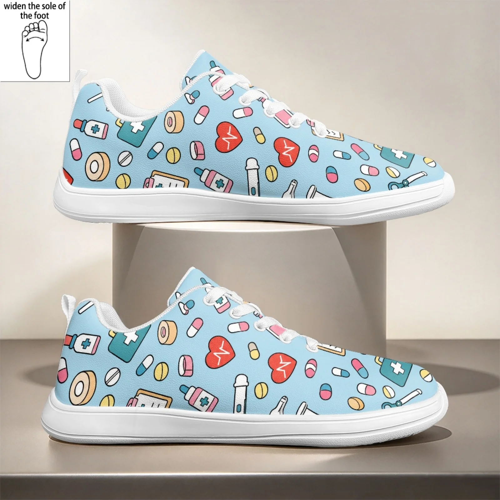 PENSTROLL Medical Icon Print Lace-Up Slip-Resistant Everyday Walking Shoes Nursing Shoes for Women Spring Standing