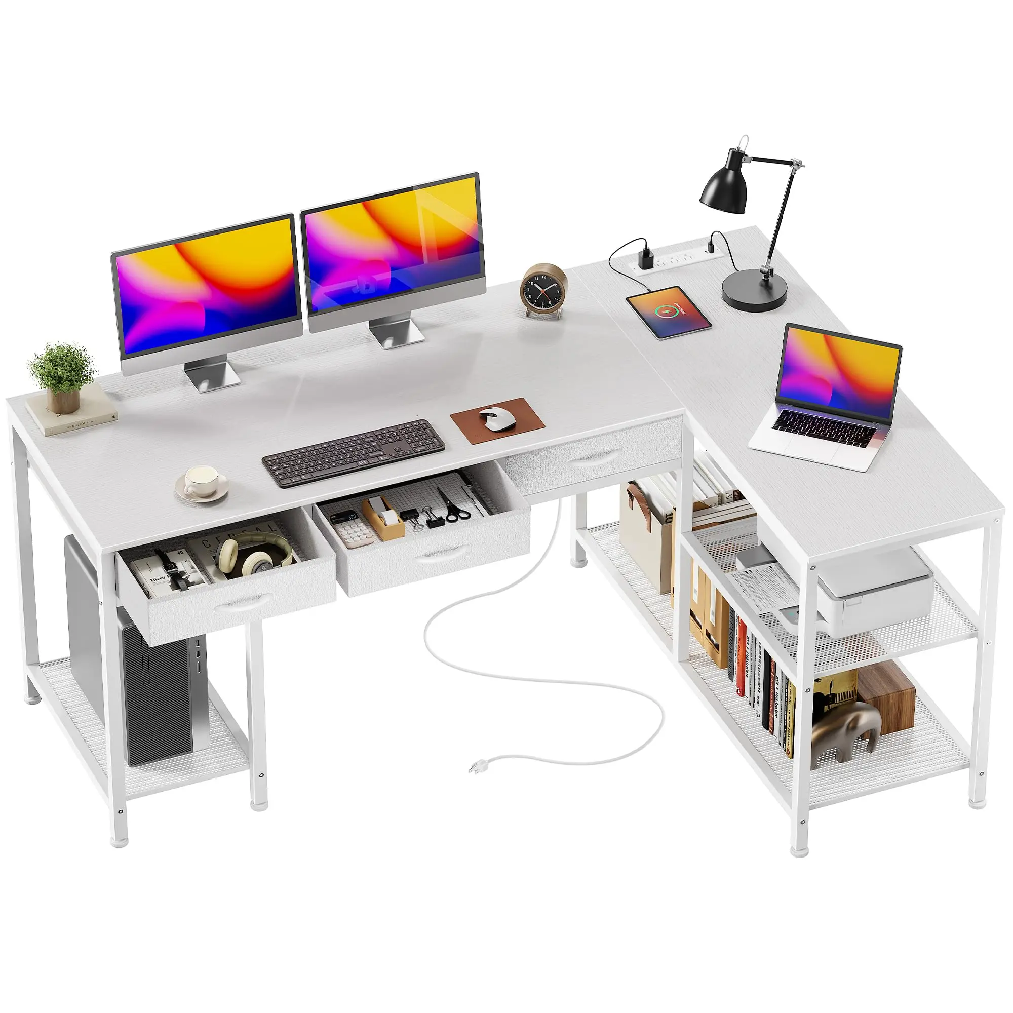 

55 Inch L Shaped Office Desk With Power Outlets And Type-C Port Large Computer Desk With 3 Drawers Mesh Shelves Corner