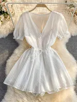 2025 Summer Women Playsuit Polka Dot See Through Thin Beach Rompers Sexy V-neck Short Sleeve Drawstring Sash Slim Waist Overalls - Image 4