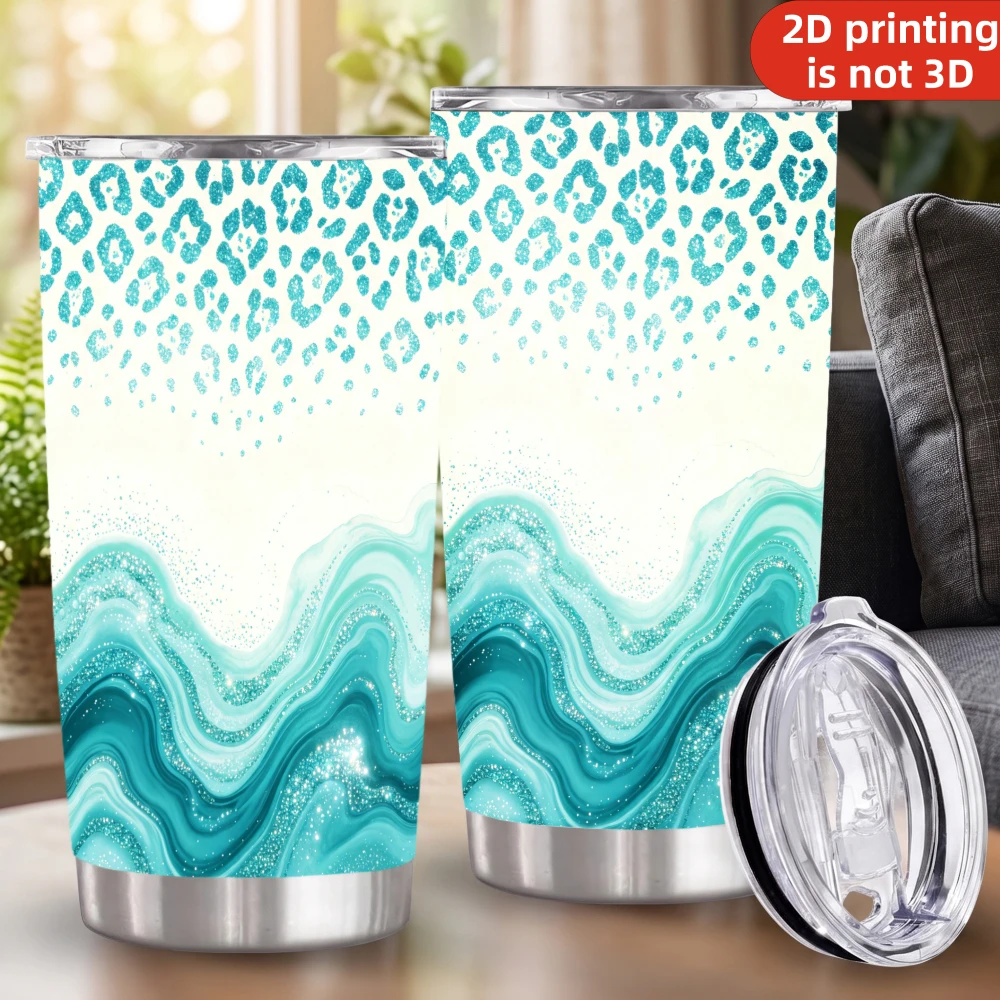 20oz Turquoise Leopard Print Ocean Waves Stainless Steel Tumbler with Lid and Straw, Teal Marble Agate Glitter Swirls Vacuum Insulated Travel Coffee Mug Summer Gifts
