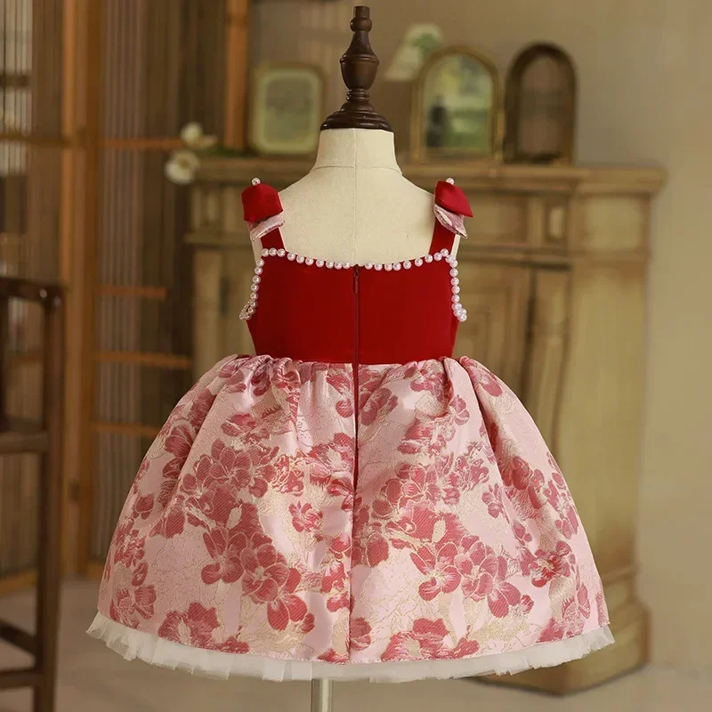 Summer Baby Princess Lolita Dresses for Kids Girl Elegant Ball Gown Flowers Red Dress Infant Party Clothing Boutique Vestidos