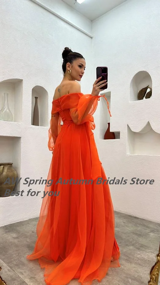 Sexy High Slit Tulle A Line Prom Dresses Sweetheart Long Sleeves Floor Length Women Cocktail Party Evening Gowns