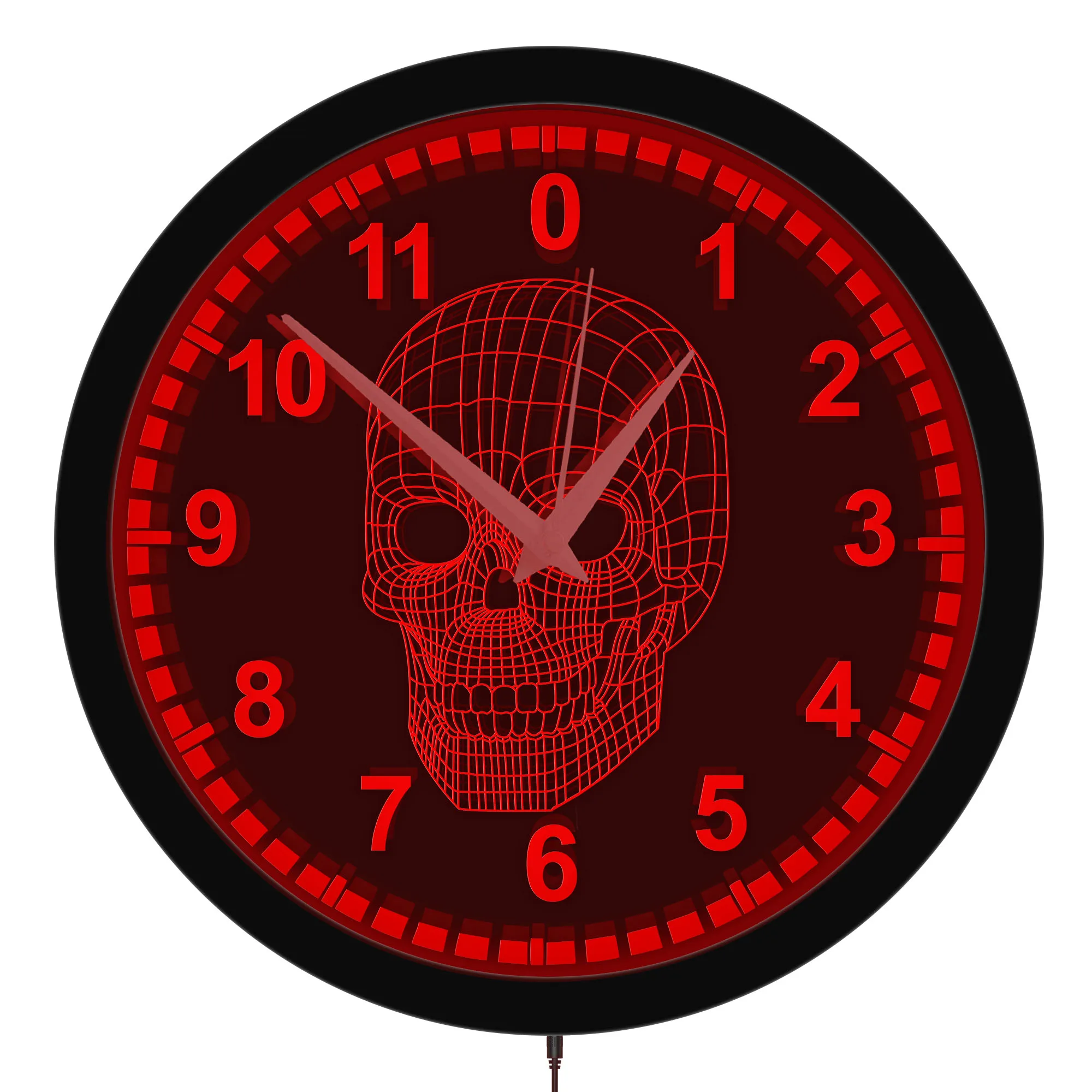 Wireframe Skull LED Neon Backlit Wall Clock for Man Cave Game Room Gothic Skeleton Cyberpunk Metal Frame Illuminated Wall Clock