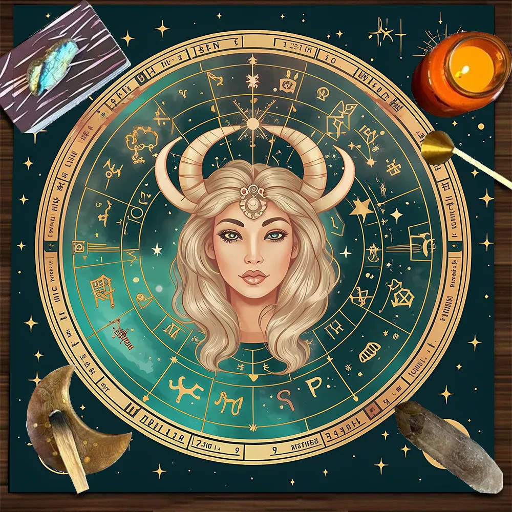 VIKAMA Horned Goddess & Astrology Wheel Tarot Tablecloth, 6 Designs, Square Velvet Altar Cloth for Divination