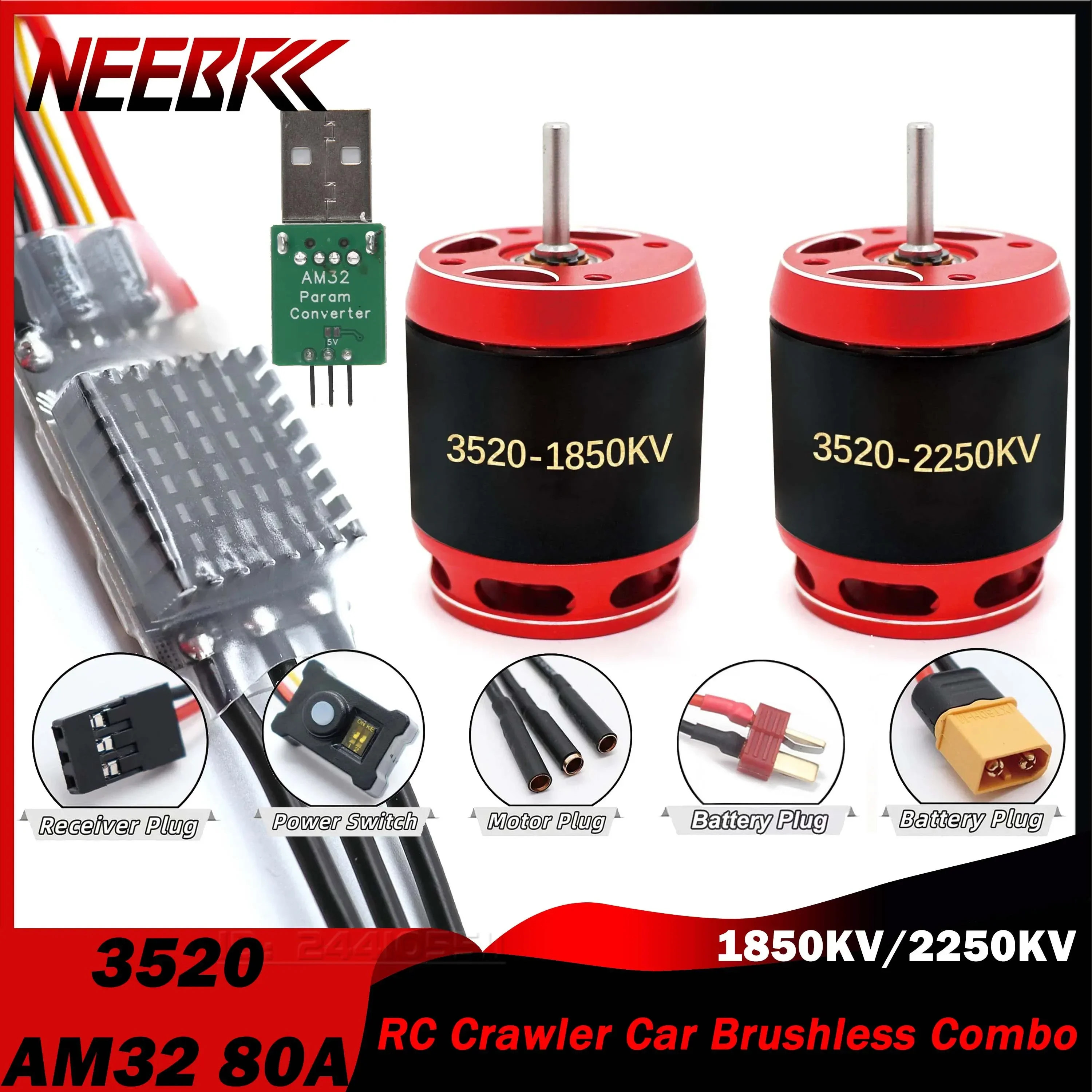 

NEEBRC AM32 RC Car Brushless Combo 80A ESC BEC Programming 3520 Outrunner Motor Adjuster for Crawler Axial Traxxas SCX10 TRX4