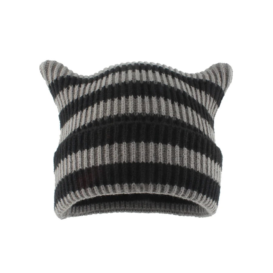 New Cat Ears Knitted Cute Beanie Hat For Women Girls Ins Skullies Striped Wool Cap Winter Korean Super Soft Pullover Bonnet