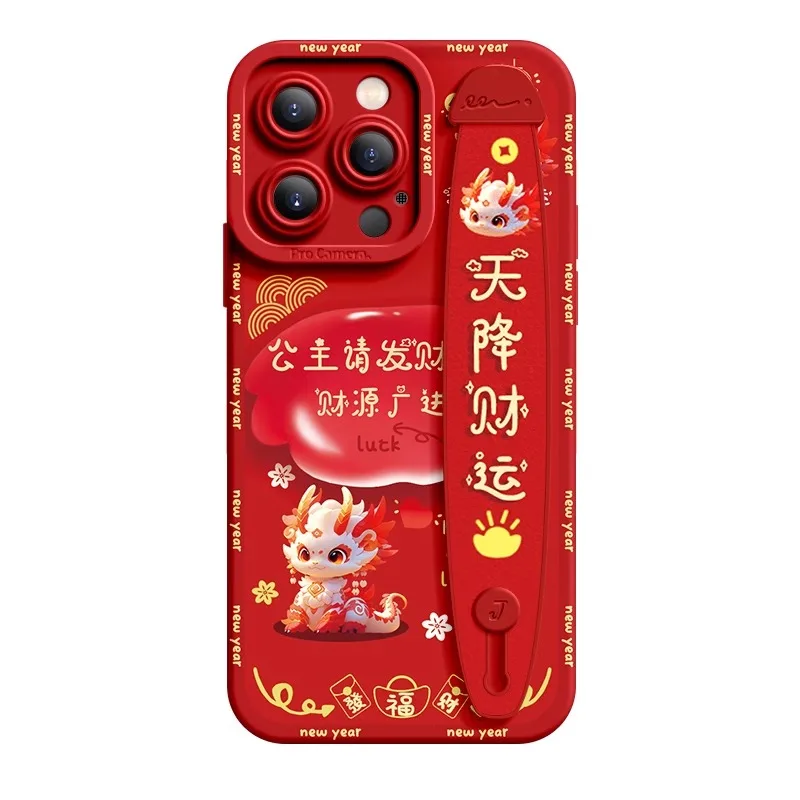 Deluxe Wrist Band Bracket Case For iphone 15 14 13 12 11 Pro Max X XR Xs Silicone Cell Phone Protective Cover Year Of The Dragon