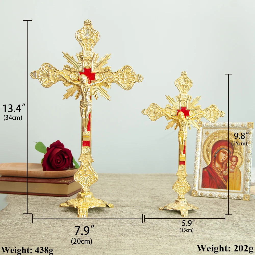 HT New Alloy Church Home Catholic Metal Crafts Gold Color Plated Standing Crucifix Prayer Cross Standing Crucifix Altar Cross