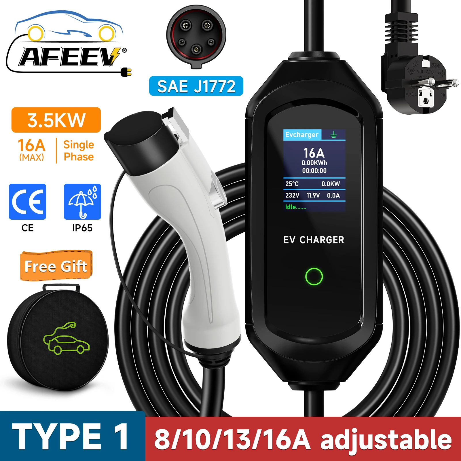 AFEEV 3.5KW 16A 1Phase Portable EV Charger Type1 SAE J1772 Electric Car Charger EVSE Fast Charging Wallbox EV Charging Station