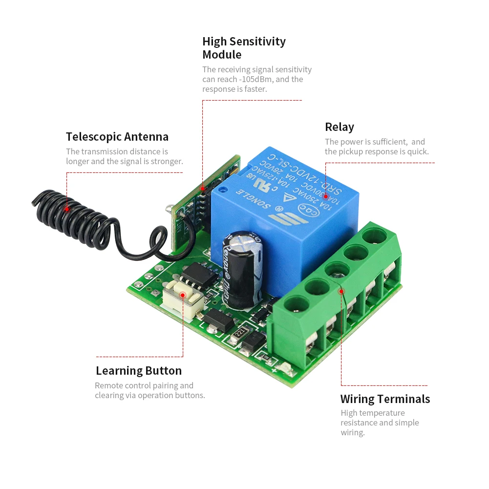 DC12V 433MHz 1CH Interruttore di telecomando 10A Relè Piccolo controller Ricevitore universale per cancello Porta del garage Illuminazione Smart Home