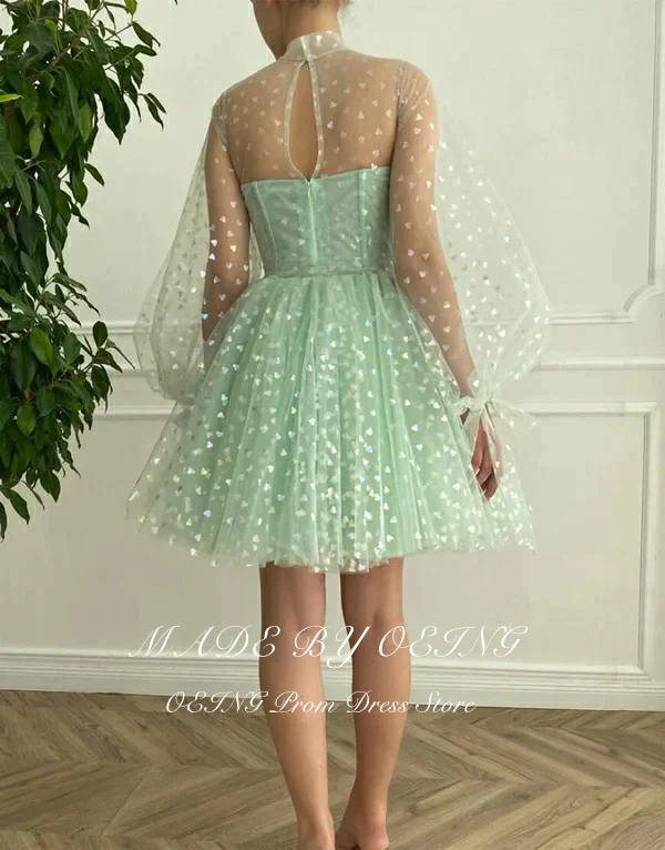 OEING Green Prom Dress Tulle Puff Long Sleeves High Neck Party Dresses Homecoming Point Ball Dress Vestidos De Fiesta Customized