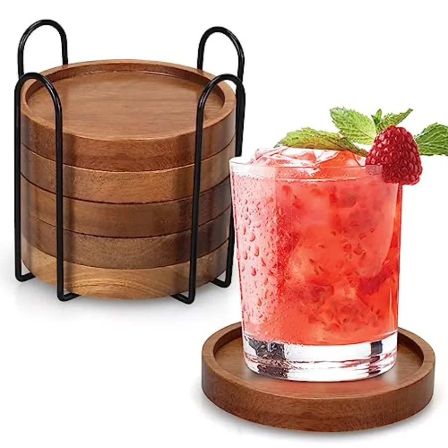 

Best Wooden Coasters with Holder Coffee Table Decor Acacia Wood Coaster Set Modern Cup Coaster for Drink Home Dining Table Kitc