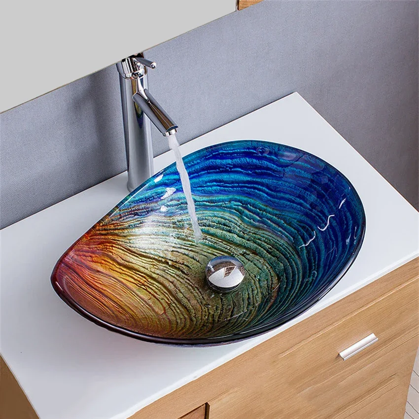 Thread Pattern Tempered Glass Bathroom Sinks Toilet Countertop Washbasin Hotel Balcony Hand Wash Pool With Faucet Drain Sets