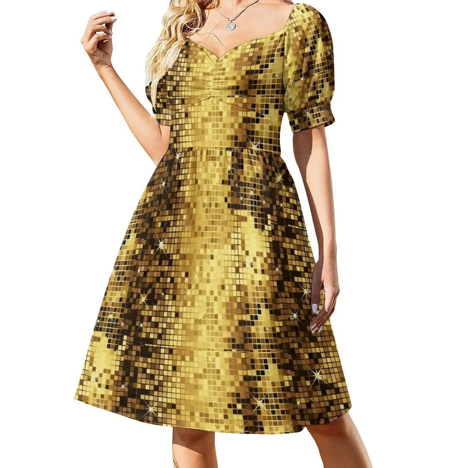 Image of Gold Yellow Tones Retro Glitter Disco-Ball Mirrors Pattern Sleeveless Dress elegant women's sets Dress