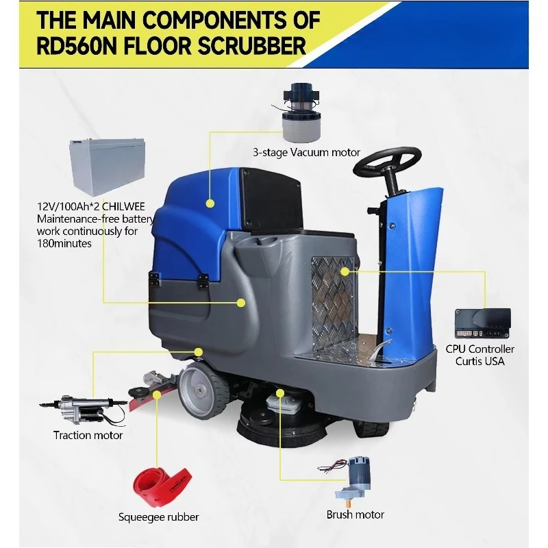RD560N Electric Durable Battery Industrial Ride Floor Pressure Washer Scrubber Cleaner 95L Solution Tank for Warehouse Concrete