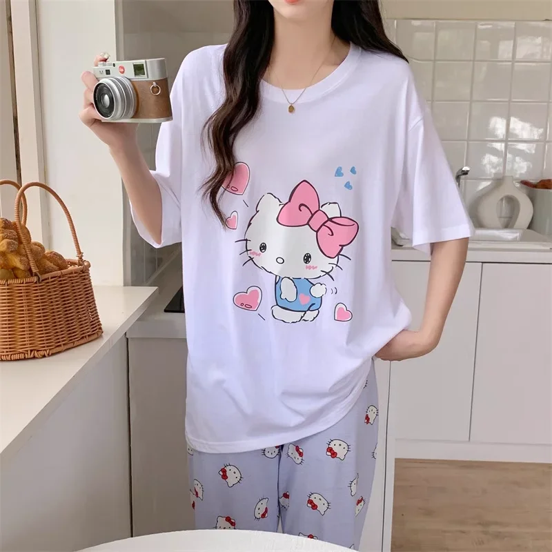 Sanrio New Hello Kitty Silk Pajamas Women's Cute Cartoon Casual and Comfortable Cool Breathable Lightweight Home Women's Pajamas