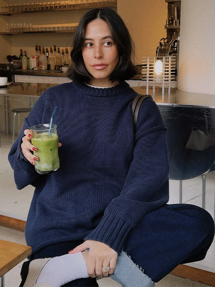 

Solid Color Round Neck Reverse Sweater Woman Loose Long Sleeves Rolled Edge Sweaters Casual Versatile Women's Minimalism Sweater