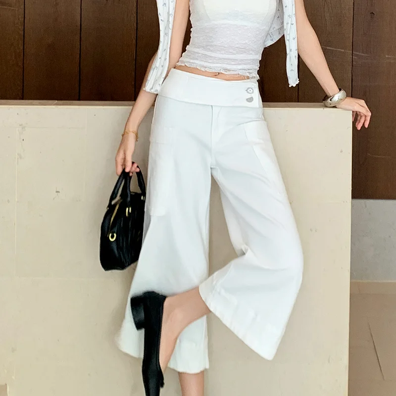 Women's White Flared Cropped Jeans 2026 Summer High Waist Slim Wash Denim Culottes Capri Short Pants