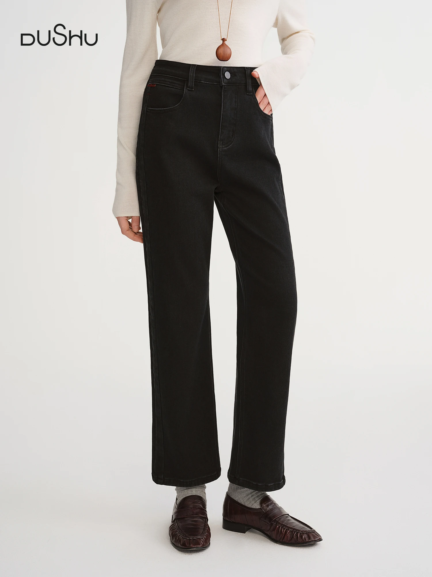

DUSHU Women's High Waist Straight Leg Jeans with Brushed Fleece Lining - Comfort Stretch Denim Pants for Autumn Winter