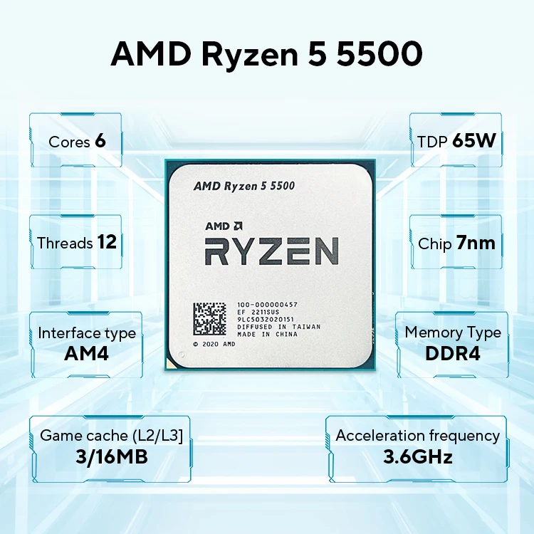 AMD Ryzen 5 5500 R5 5500 3.6 GHz 6-Core 12-Thread CPU Processor 7NM L3=16M 100-000000457 Socket AM4 No Fan