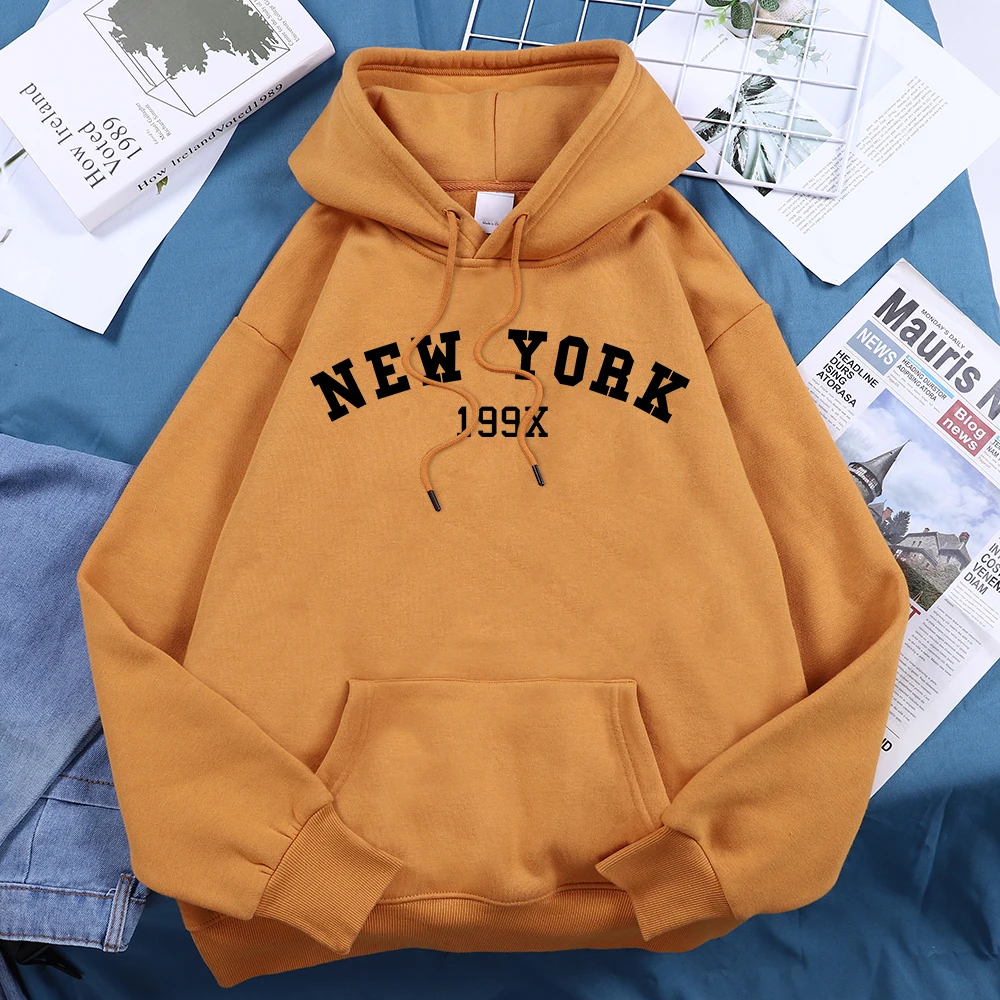 New York 199X Black Printing Women Sportwear Versatile Round Neck Hoodies Trendy Comfortable Tracksuit Personality Loose Top