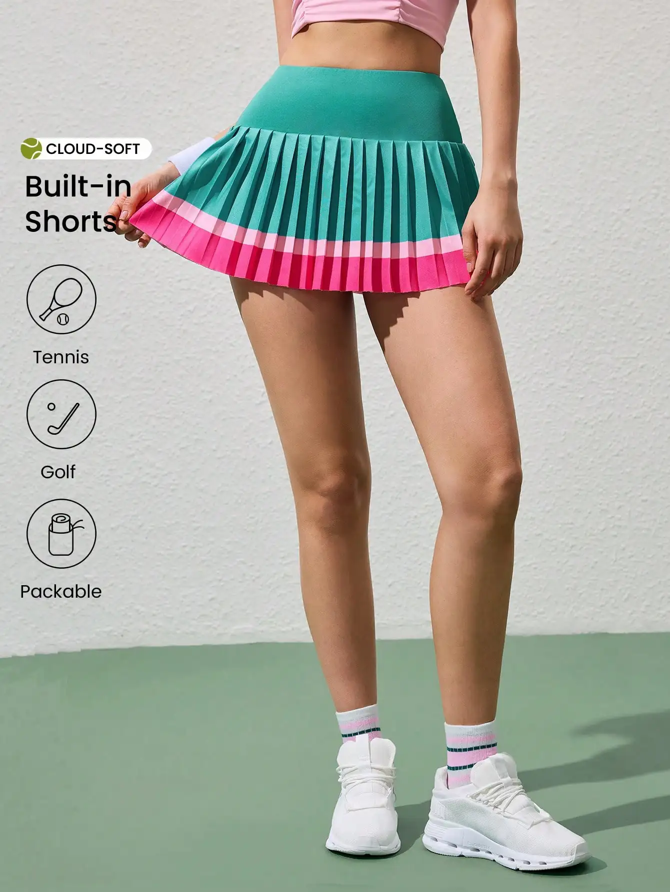 

Женские плиссированные спортивные шорты-юбка с высокой талией и встроенными шортами, дизайн в стиле колорблок.