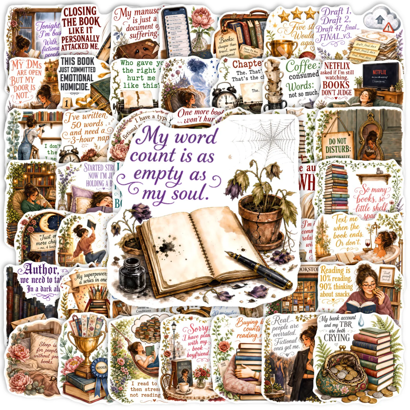 50PCS Retro Reading Style Stickers Artistic Leisure Reader Mental State Illustrated Stickers Student Hand Account Material Decal