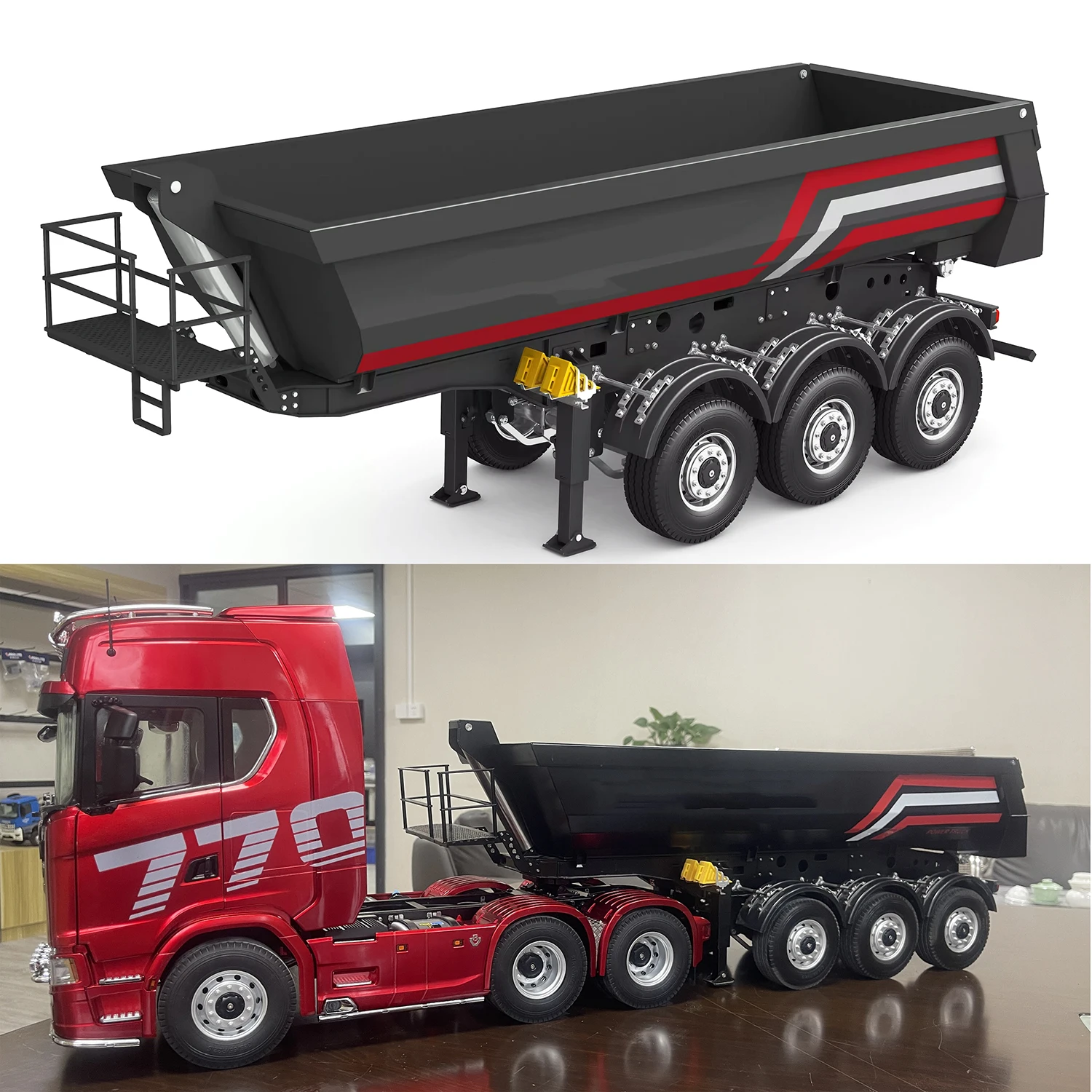 

Metal 3-axle Dump Truck Compatible with KABOLITE 1/14 770S RC Tractor Electric Upgrade Semi-trailer U-shaped Dump Truck Model
