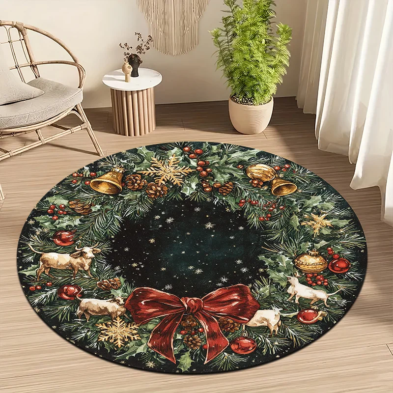 1pc 2D Flat Round Floor Mat, Christmas Wreath Printed Rug, Holiday Home Decor, Suitable for Reading Corner, Greenhouse
