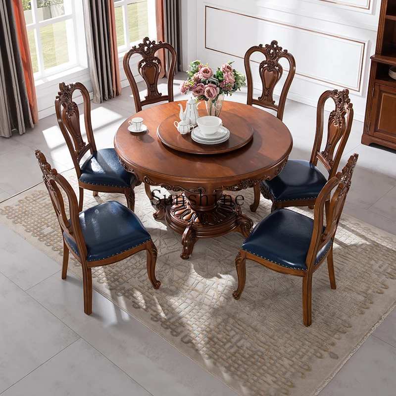 American-style all-solid wood European round dining table and chair combination with turntable