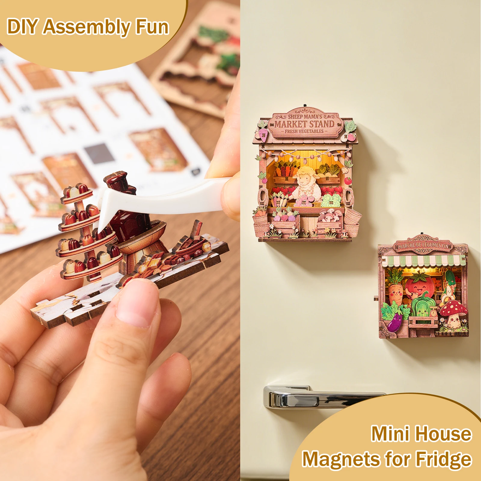 C9 Fridge Magnet DIY 3D Puzzle Toy Mini House Wooden Dollhouse Street Shop Creative Assembly Model Kit Furniture Decoration Gift