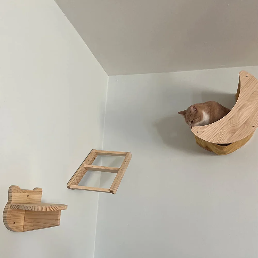 1PC Cat Hammock Wall Mounted Wooden Climbing Shelf Cat Jumping Platform with Scratching Post Cat Hanging Bed for Cat Sleeping