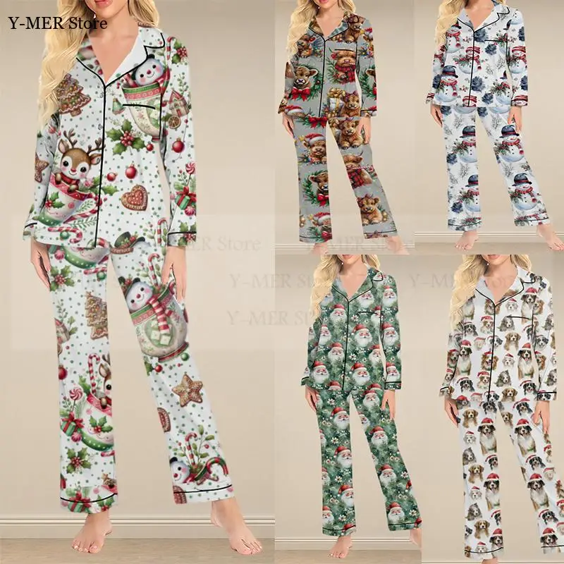 

Рождественские пижамы для домашних животных, одежда для сна с цифровой печатью, женская праздничная домашняя одежда, шелковая пижама Mujer, 2 шт., ночная рубашка, женские пижамы