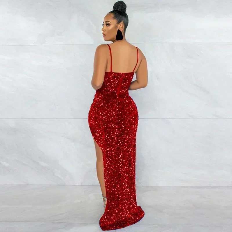 Guwu pura malha retalhos lantejoulas maxi vestido feminino alças de espaguete alta divisão bodycon longo festa robe noite clubwear vestidos