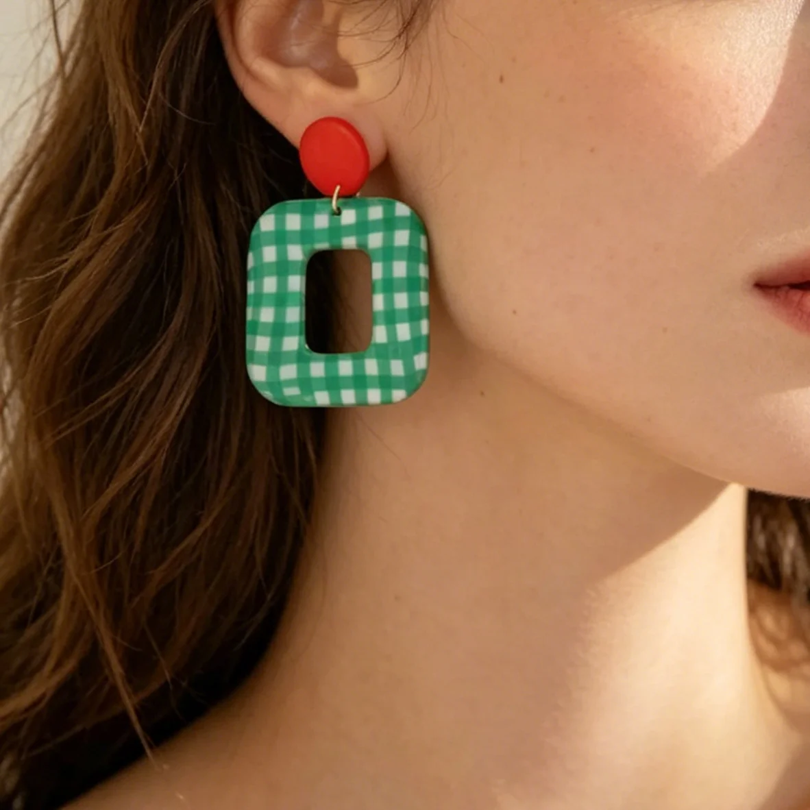 Vibrant Green Checkered Clay Earrings Funky Wave Pattern Geometric Dangle Dopamine Color Block Unique Indie Aesthetic Accessorie