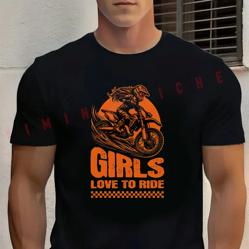 

Men's Black Girls Love To Ride Graphic Motorcycle Cotton T-Shirt New Men's Casual O-neck Short Sleeve Tees