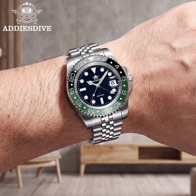 ADDIESDIVE 2026 Top Luxury GMT Quartz Watches Black Green AD2050 Waterproof Men's Diver Watch Gift Reloj Hombre Super Luminous