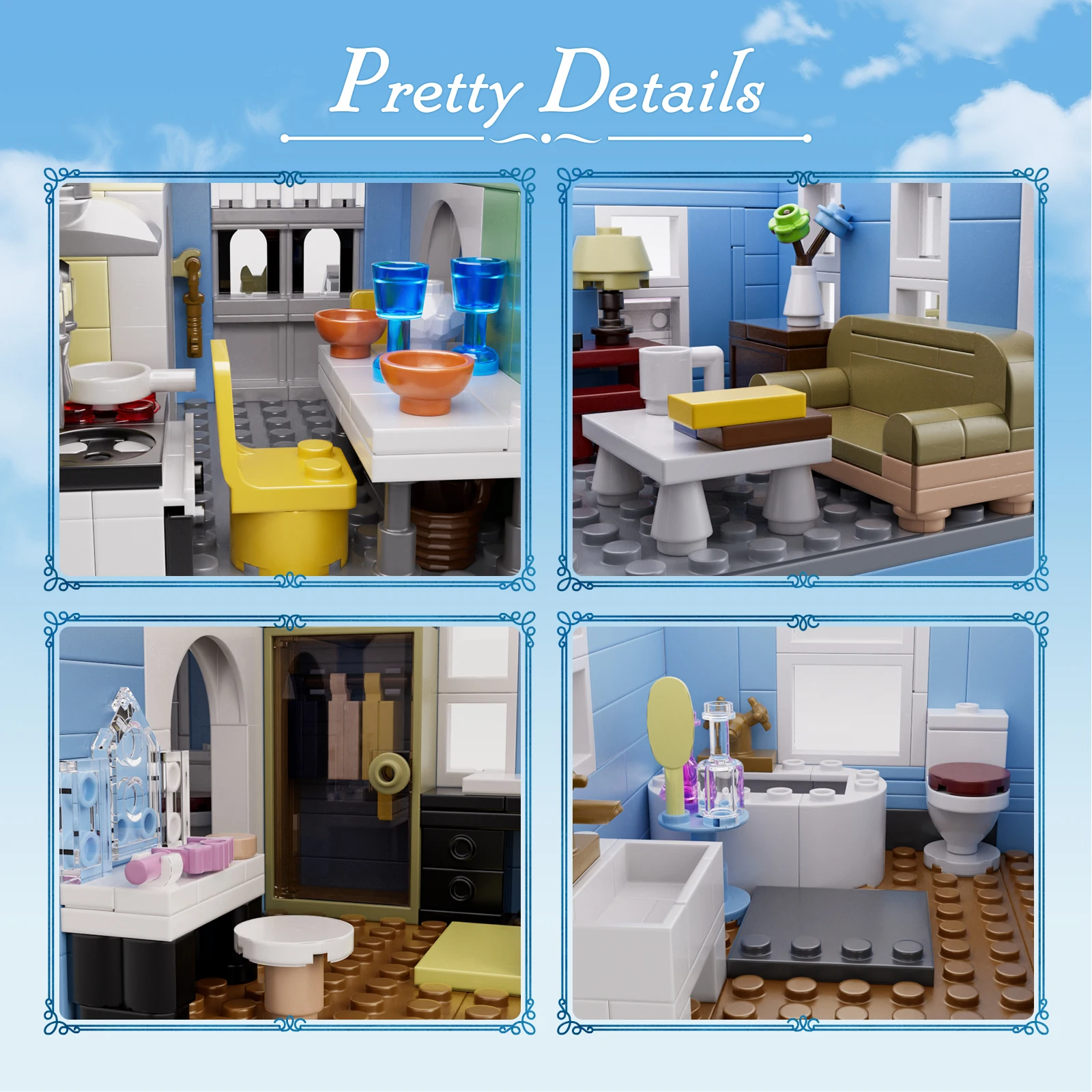 مجموعة مكعبات بناء قصر الفيلا الزرقاء Gilmoreed Girl's House Apartment Cottage Architecture Model Bricks هدايا للفتيات والفتيان