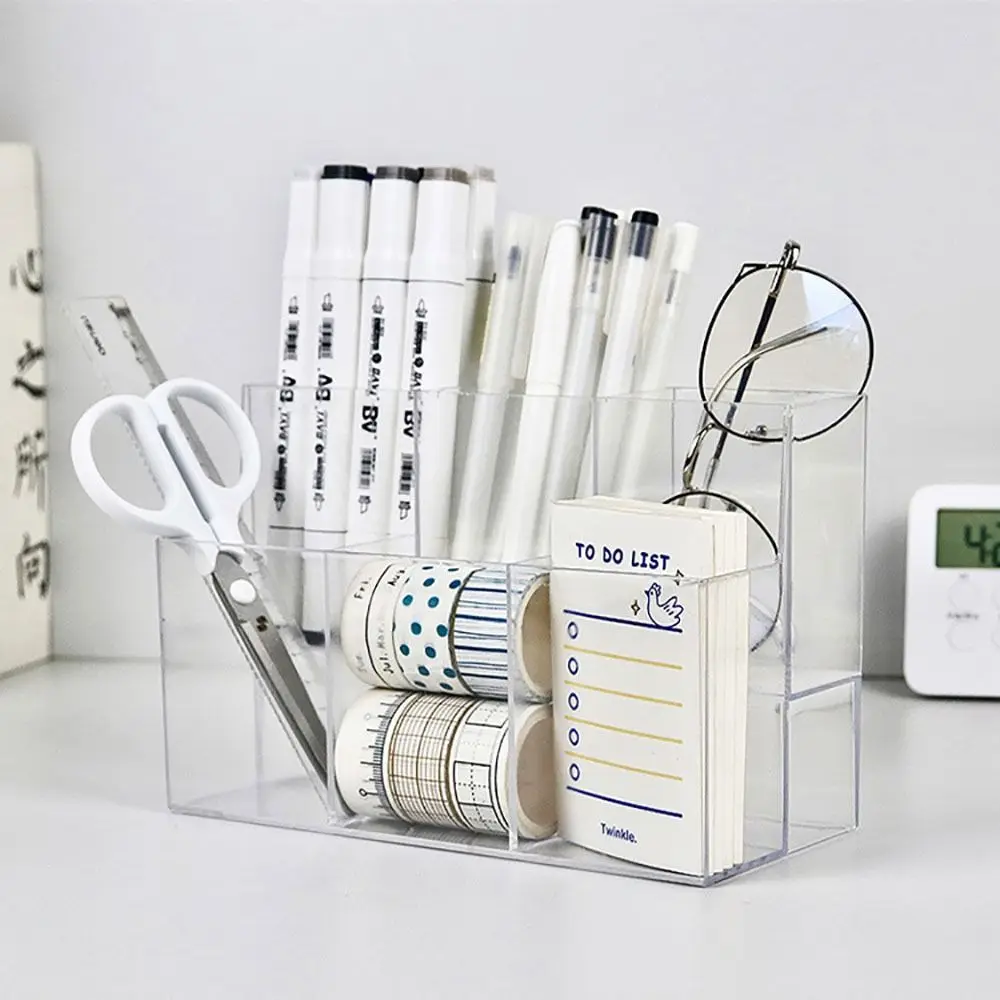 High Quality Acrylic Pen Holder Transparent 6 Grids Pen Container Sorting Storage Desktop Organiser Stationery Storage Box