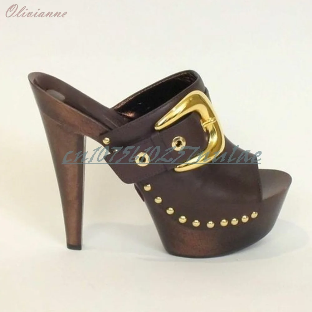 

Coffe Front Big Buckle Belt Strap Slippers Side Round Rivets Chunky High Heel Retro Party Women Shoes 2026 Zapatos Para Mujere