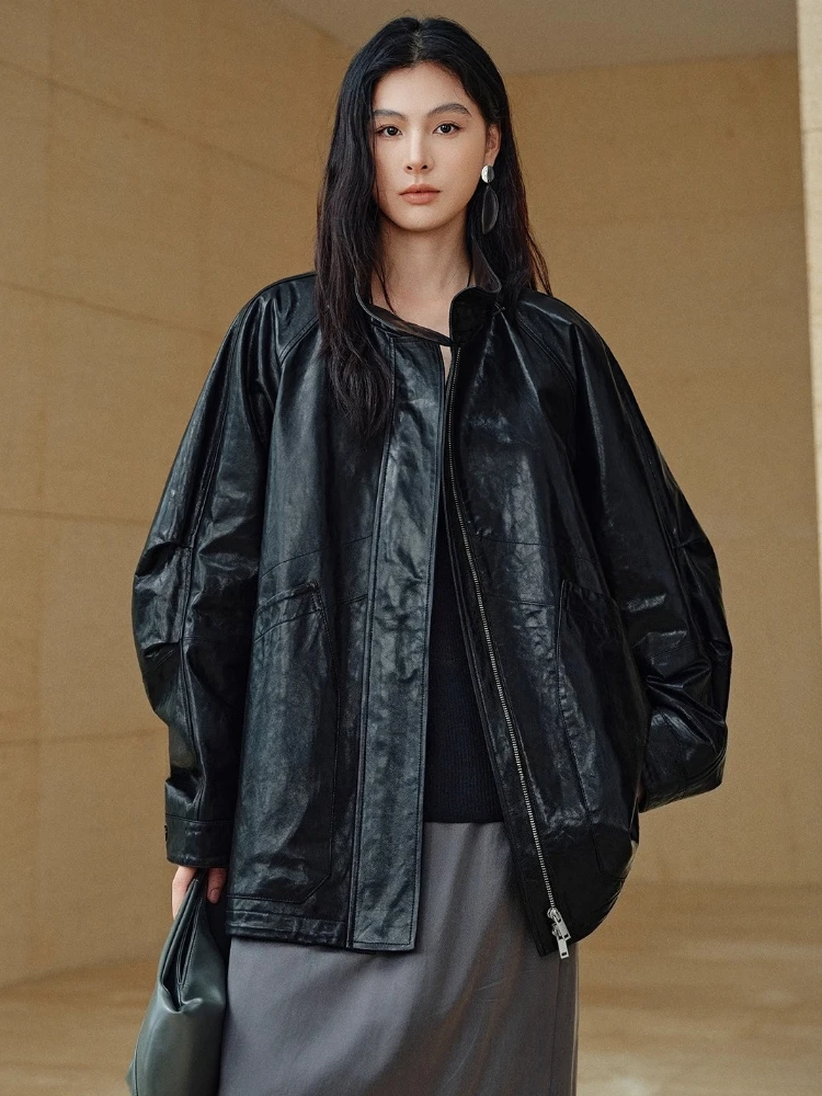 

Casual Genuine Leather Windbreaker Jackets for Women Spring Autumn High-end Simple Stand Collar Soft Black Real Sheepskin Coat