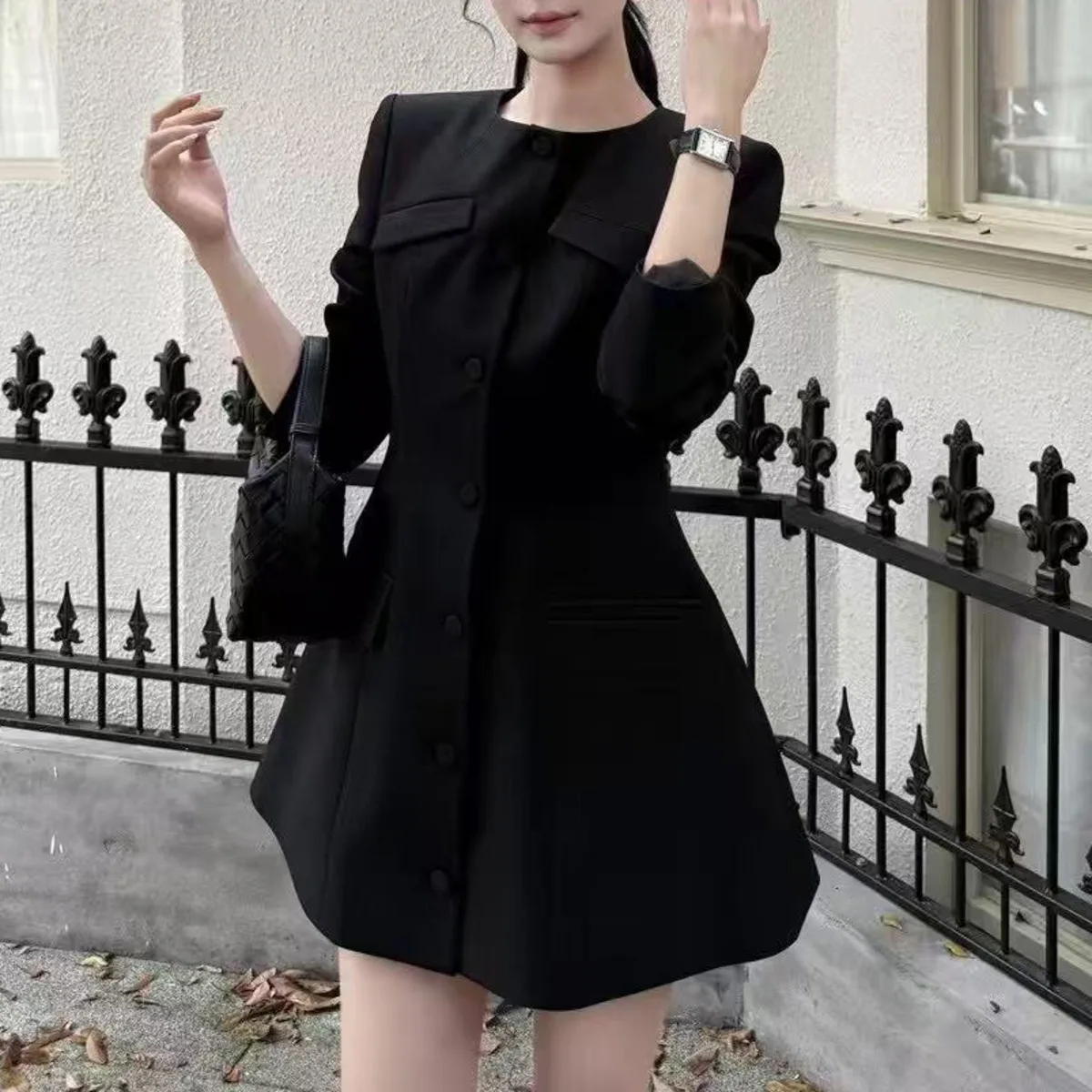 BJTZ O-hals Effen Kleur Single Breasted Blazer Jurken Voor Vrouw 2025, Lente Herfst Nieuwe A-lijn Taille Kantoor Dame Vrouwelijke Jas