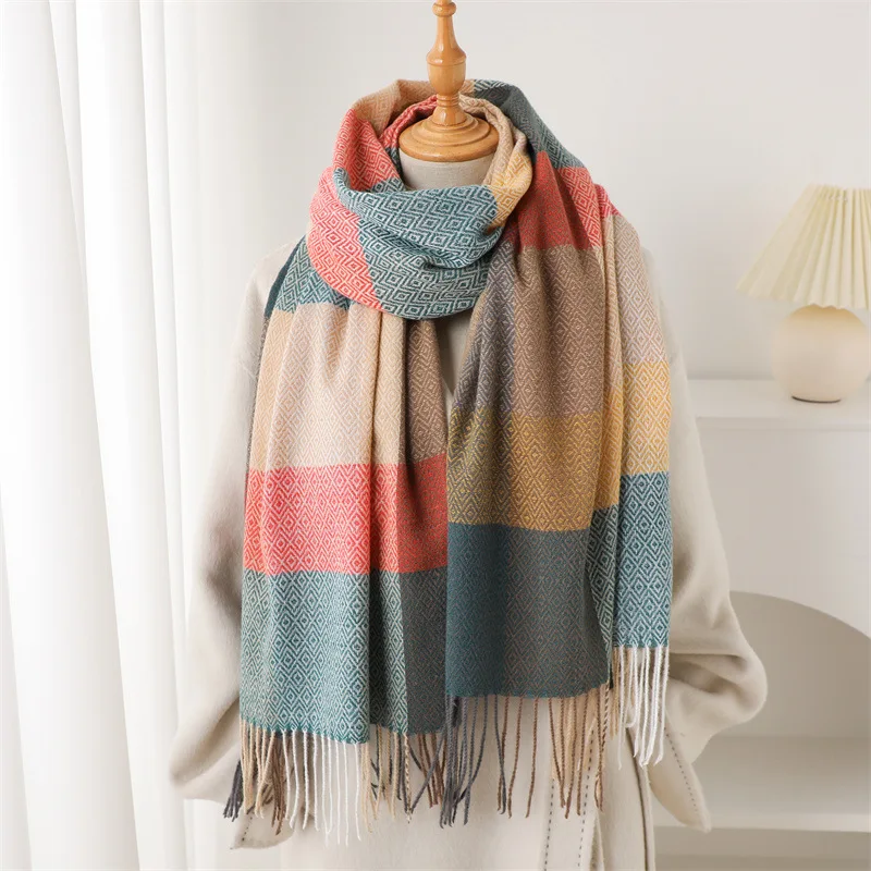 

Luxury Fashion Rainbow Color Plaid Designer Winter Scarf Women Cashmere Shawl Outdoor Blanket Wrap Pashmina Tassel Warm Lady