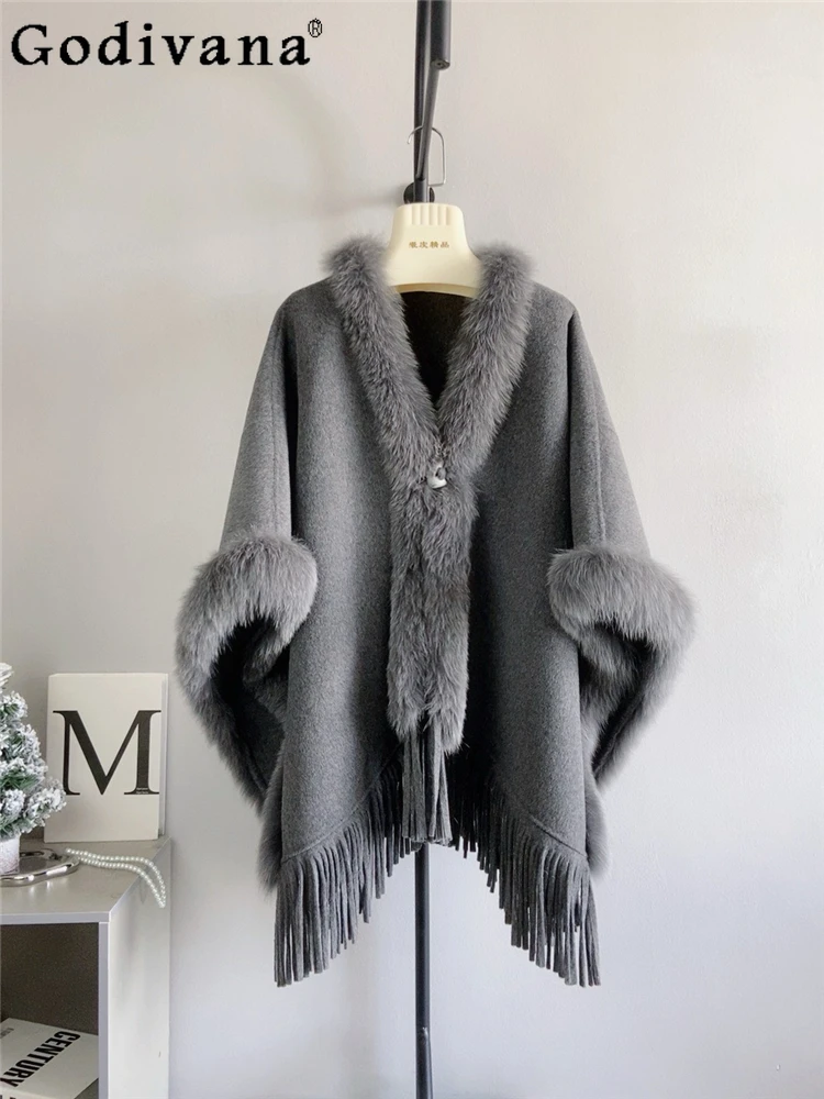 

Autumn Winter New Sweet Girl Wool Double-Sided Cape Cashmere Coat Loose Korean Style Princess Style Elegant Warm Thick Jacket