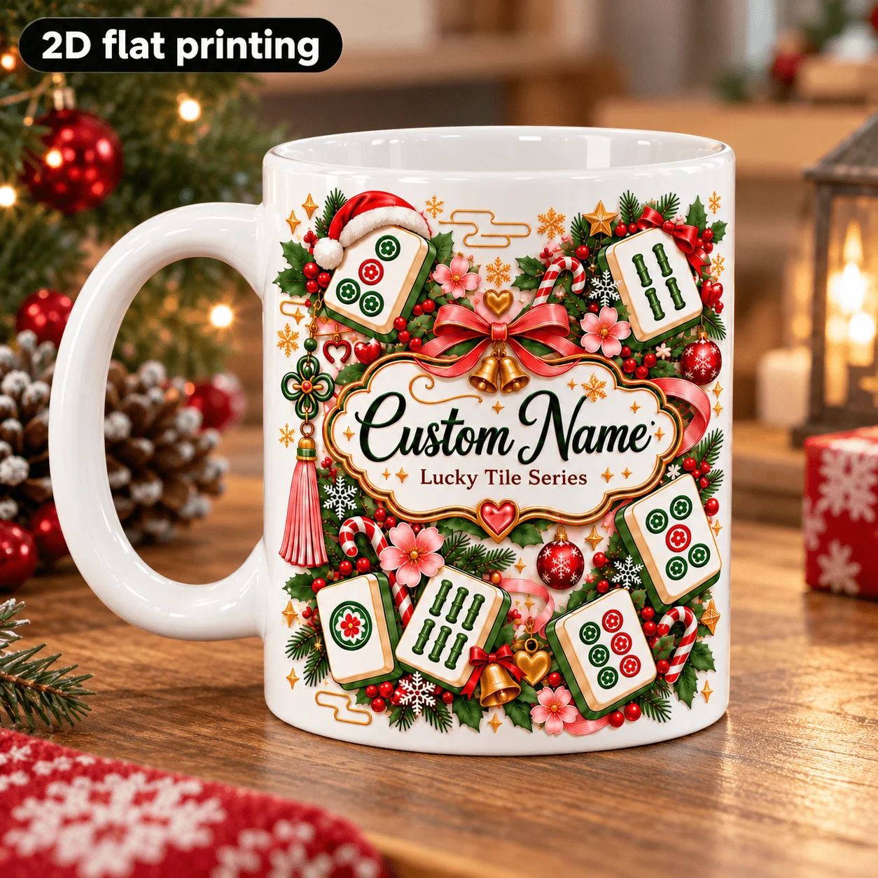 2D 1pc 11oz Personalized Custom Mahjong Christmas Mug,Christmas Party Gift,Hand Wash Only Microwave Safe,Mahjong Player Coffee