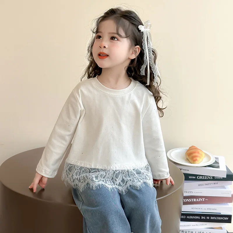 Neue Herbst Mädchen Bodenbildung Shirt 1-7T Spitze Patchwork Nette Punkte Langarm T-shirts kinder Basis Tops koreanischen Stil Kleidung – Detail 4