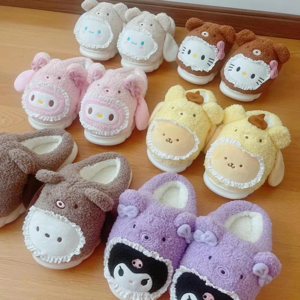 

Kawaii Hello Kitty, женские плюшевые тапочки Sanrio Kuromi, удобные домашние нескользящие хлопковые тапочки для девочек, милая теплая домашняя обувь