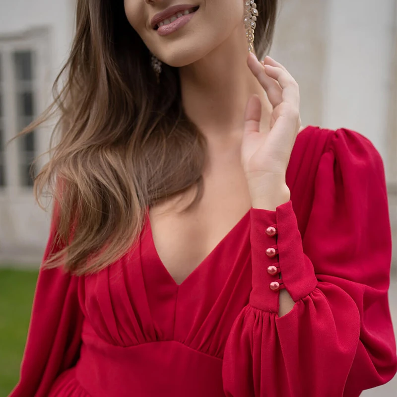 Spring Summer Red Chiffon Long Sleeve Casual Women Luxury Korean Fashion Clothing Party Midi Dress 2024 Elegant Bodycon Dresses