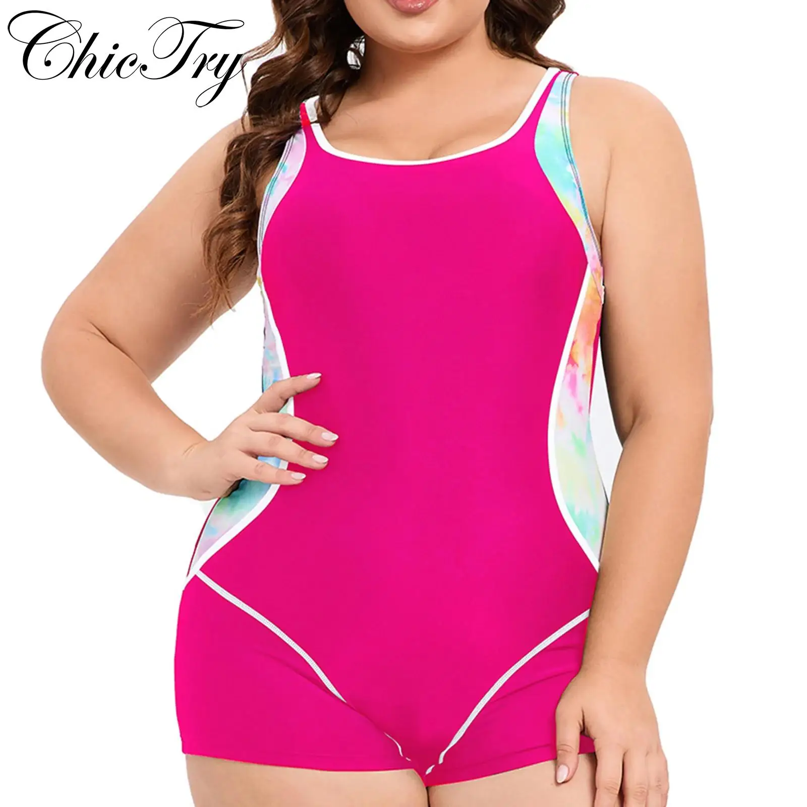 

Womens One-Piece Swimsuit Beachwear Bathing Suit Sleeveless Cutout Back Color Block Printed Patchwork Bodysuit Boyleg Swimwear