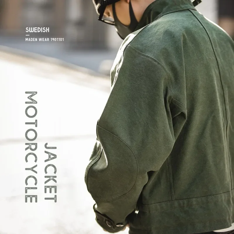 Maden Green Retro bomber Jackets Misplaced Oblique Buckle Swedish Motorcycle Men's AMEKAJI Cotton Autumn Winter Coat